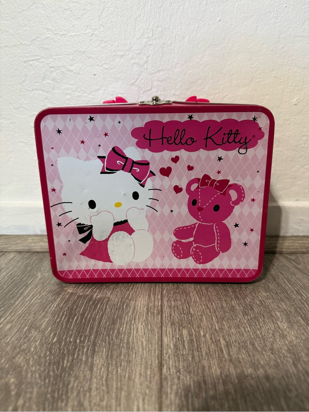 Hello Kitty Pink White Tin Lunchbox with Bear Artwork